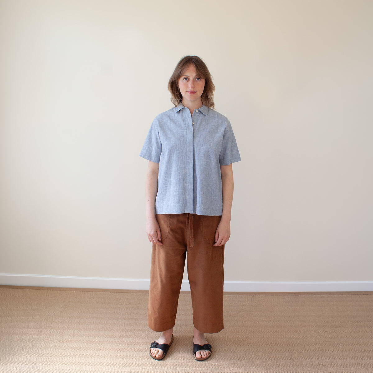Short sleeved shirt sky blue hemp cotton mix