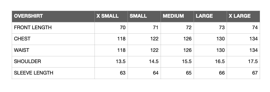 Measurement chart for overshirt sizes with dimensions listed.