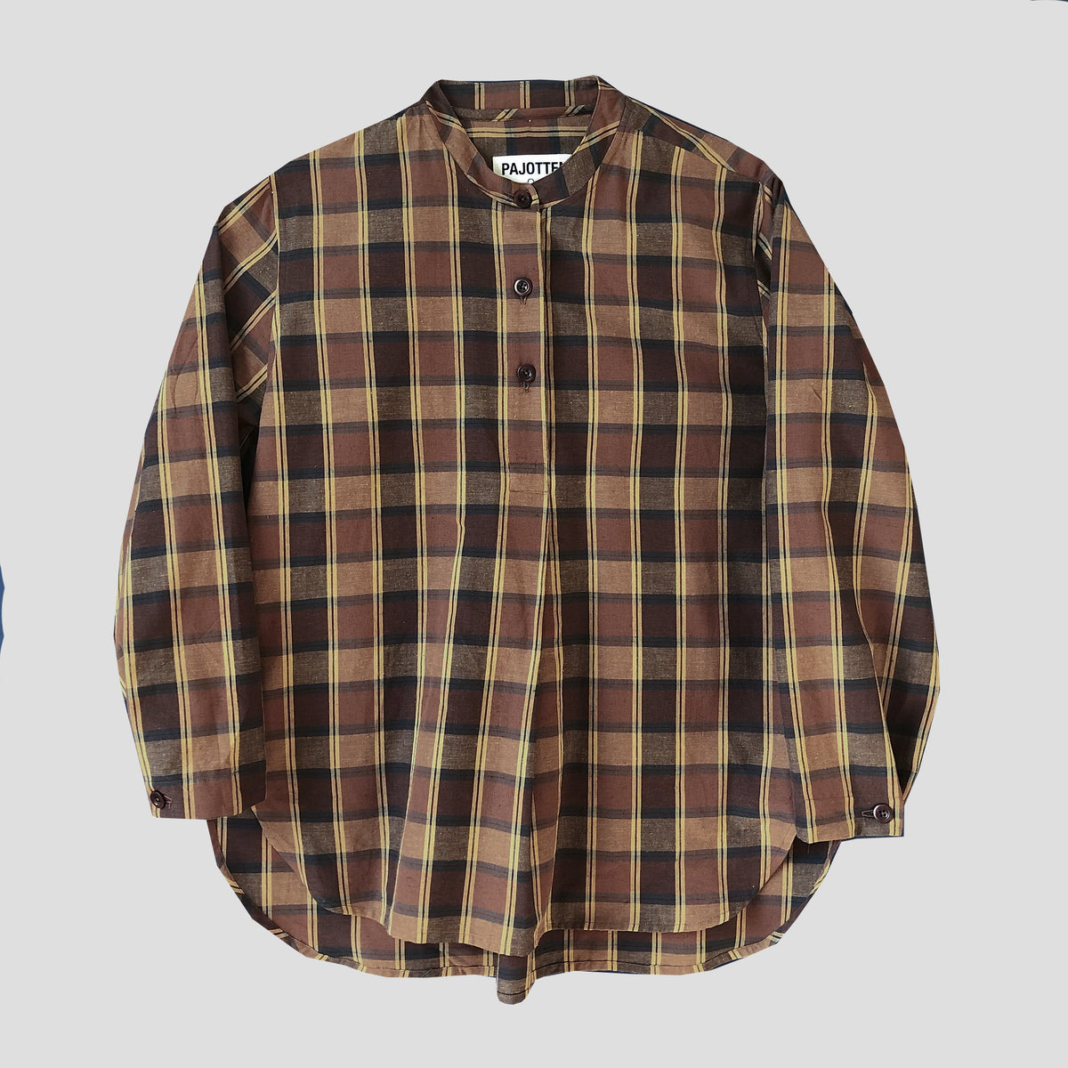 A long-sleeve plaid button-up shirt by Palitti, featuring a brown, black, and beige checkered pattern with a band collar and snap buttons, laid flat against a light gray background.