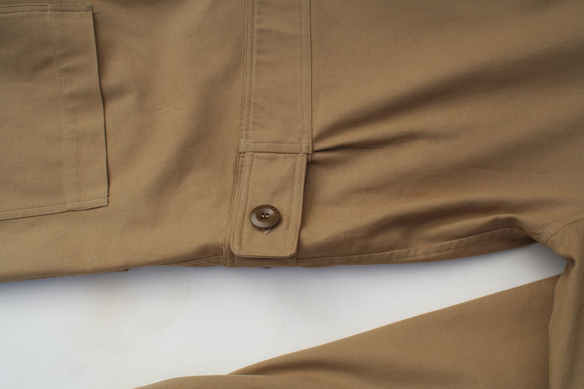 detail of pajotten UK sustainable menswear tan cotton overalls