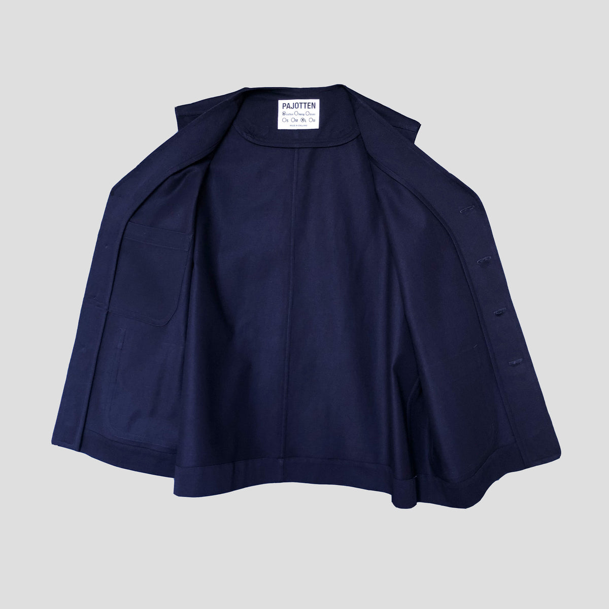 A navy blue wool-blend jacket by Palitten, shown laid flat against a light gray background. The jacket features a high collar, wide shoulders, side pockets, and a buttoned front closure.