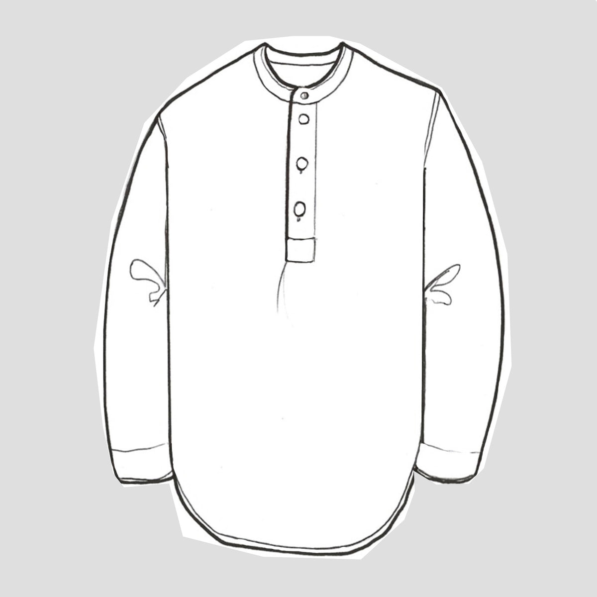 A line drawing of a long-sleeved sage check shirt with button-up neckline and French seams.